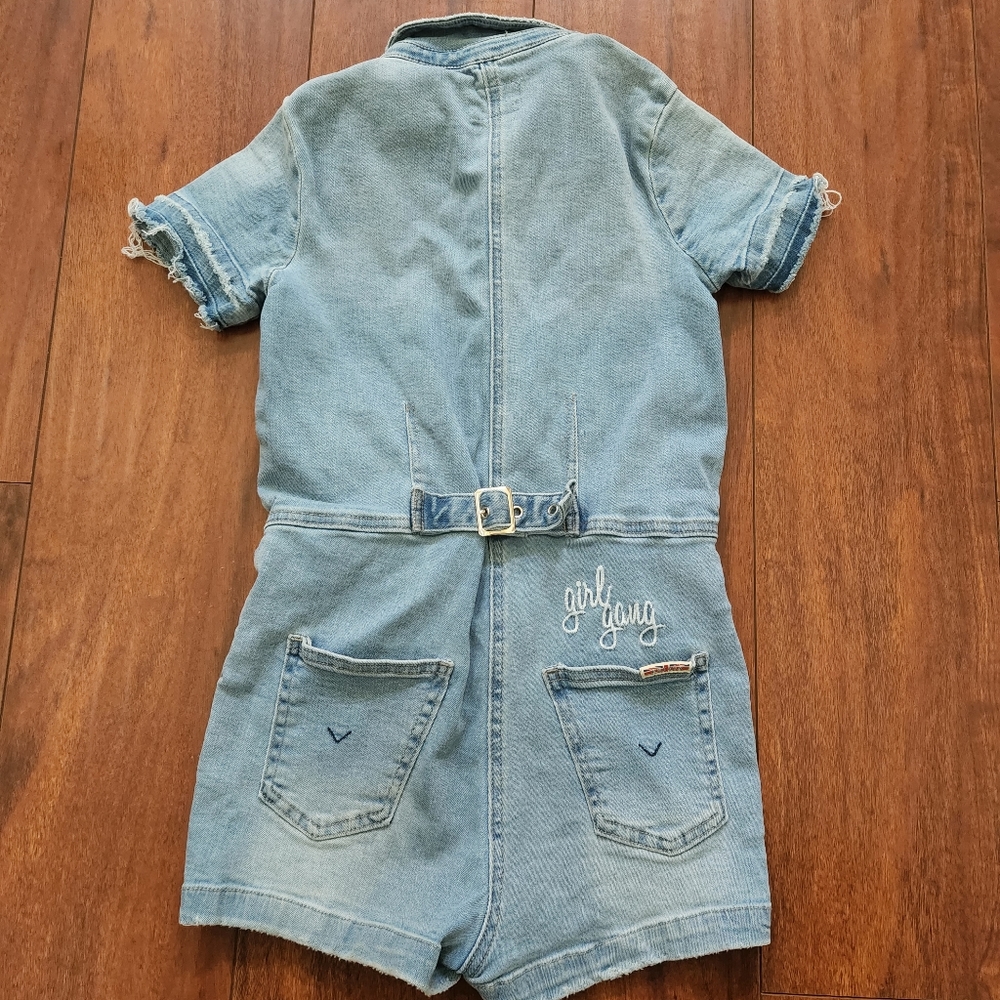 HUDSON GIRLS DENIM JUMPER BUTTON FRONT ADJUSTABLE ON BACK RAW HEM SLEEVE - Picture 2 of 5